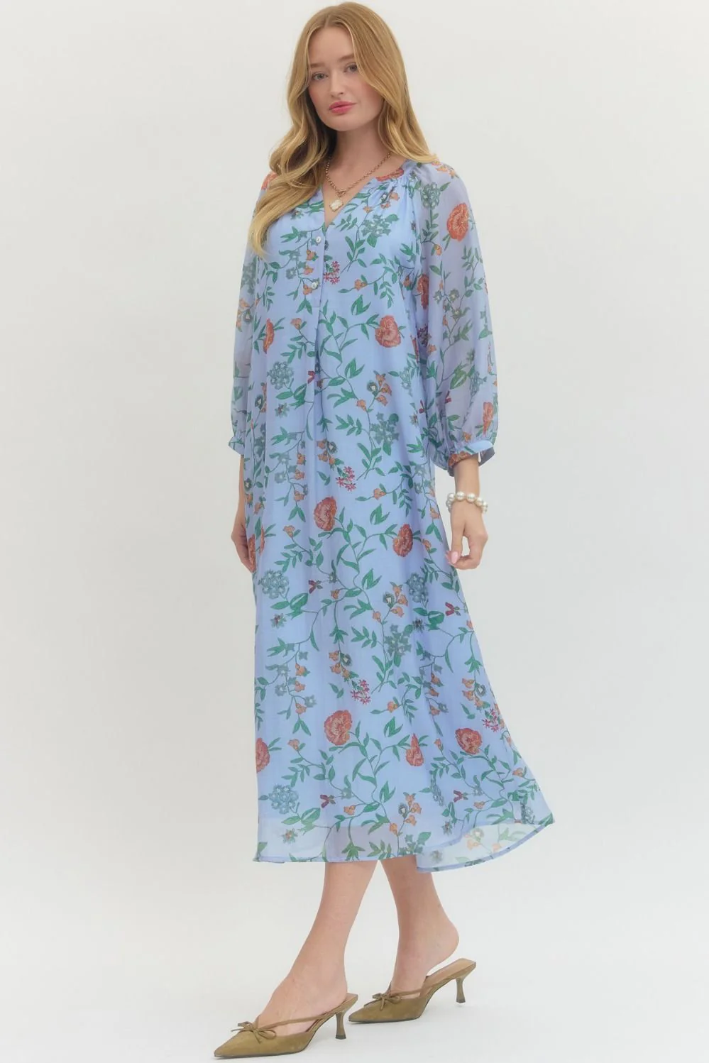Front-buttoned printed chiffon dress