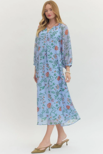 Front-buttoned printed chiffon dress