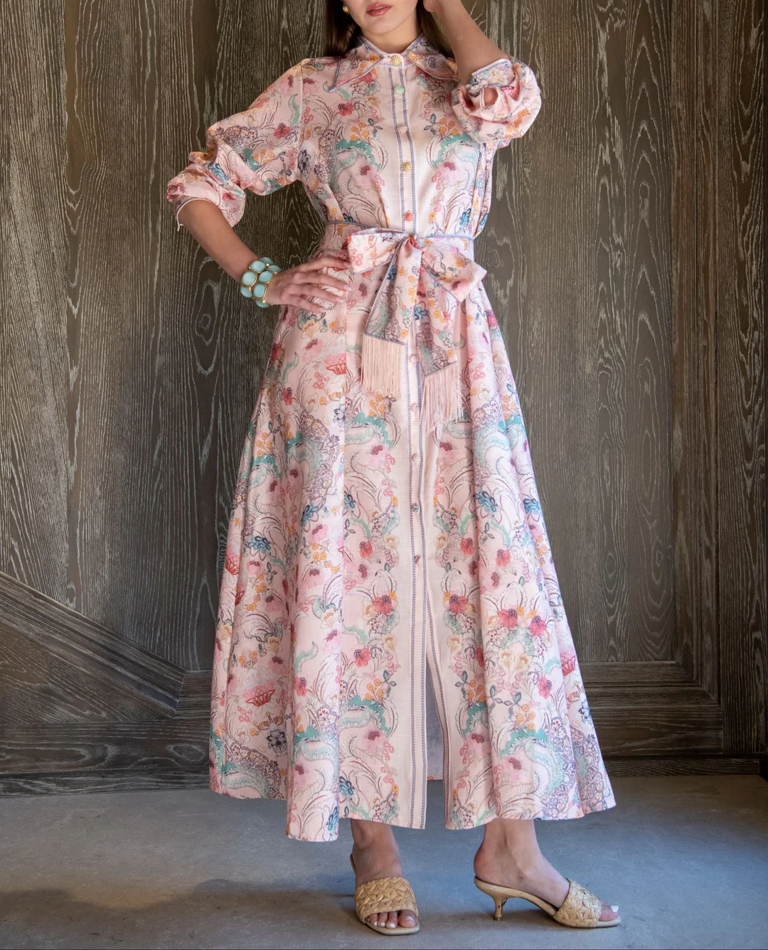 Long Sleeve Floral Maxi Dress with Belted Fringe Waist