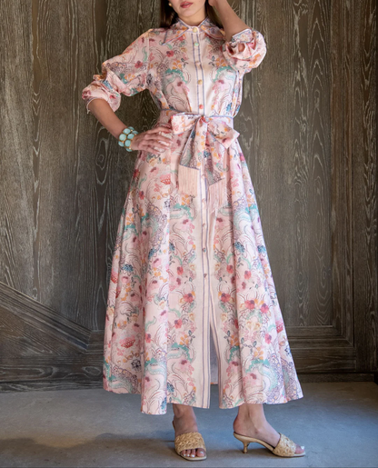 Long Sleeve Floral Maxi Dress with Belted Fringe Waist