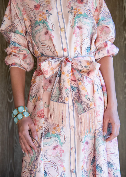 Long Sleeve Floral Maxi Dress with Belted Fringe Waist