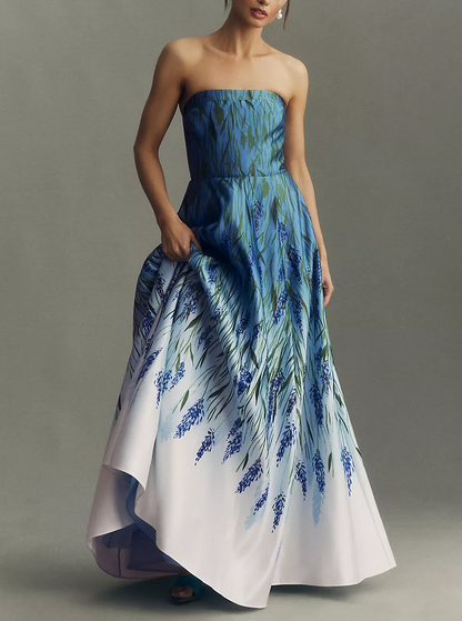 Strapless Printed Satin A-Line Maxi Dress