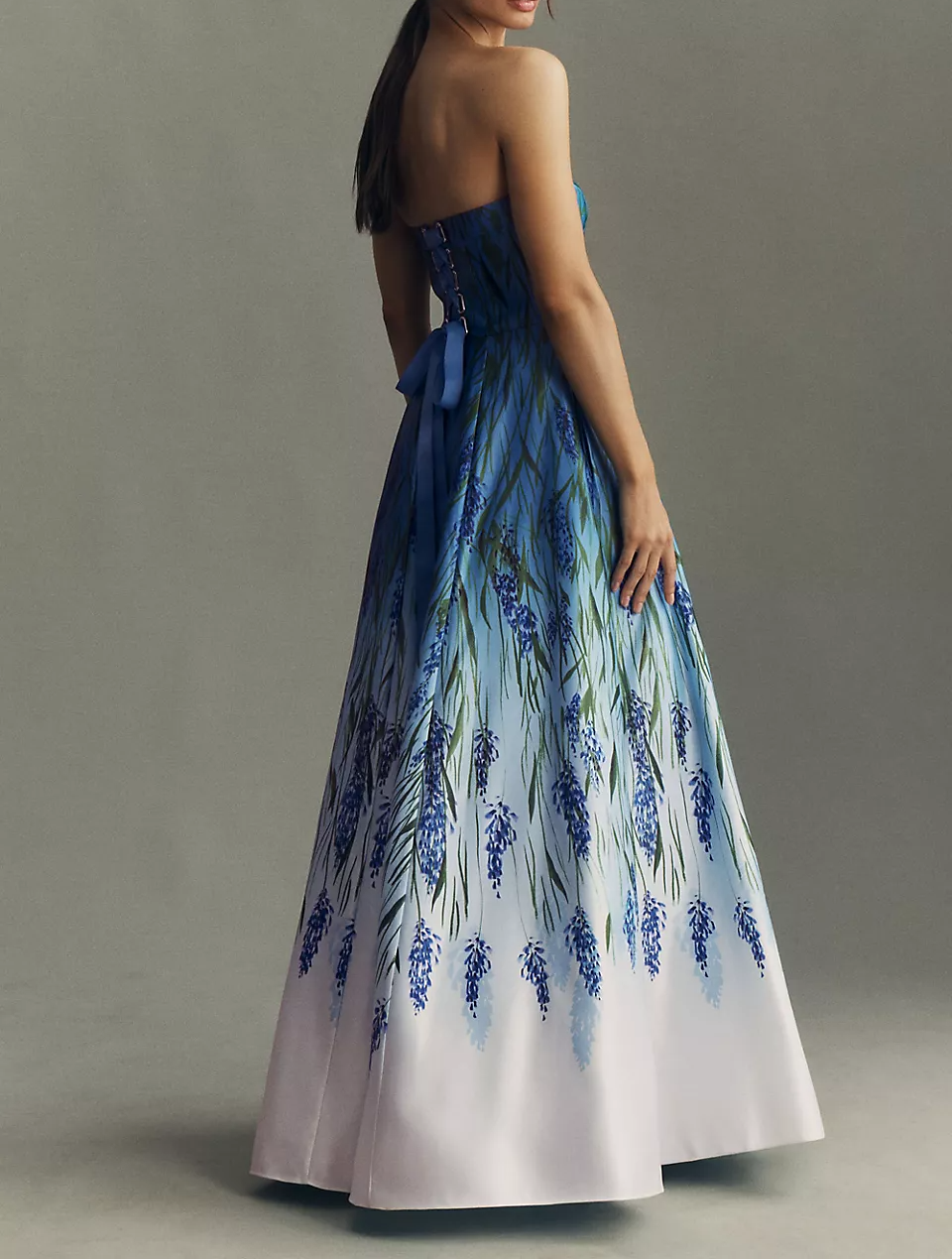 Strapless Printed Satin A-Line Maxi Dress
