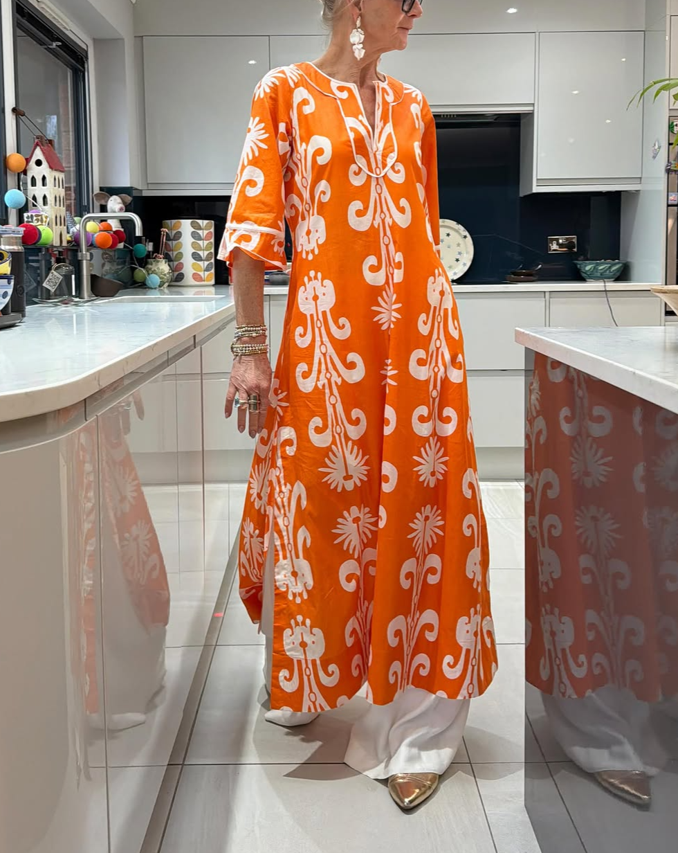 Orange-print linen dress