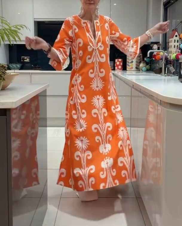 Orange-print linen dress