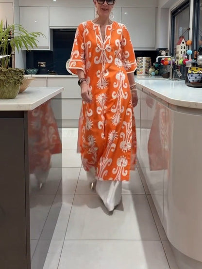 Orange-print linen dress