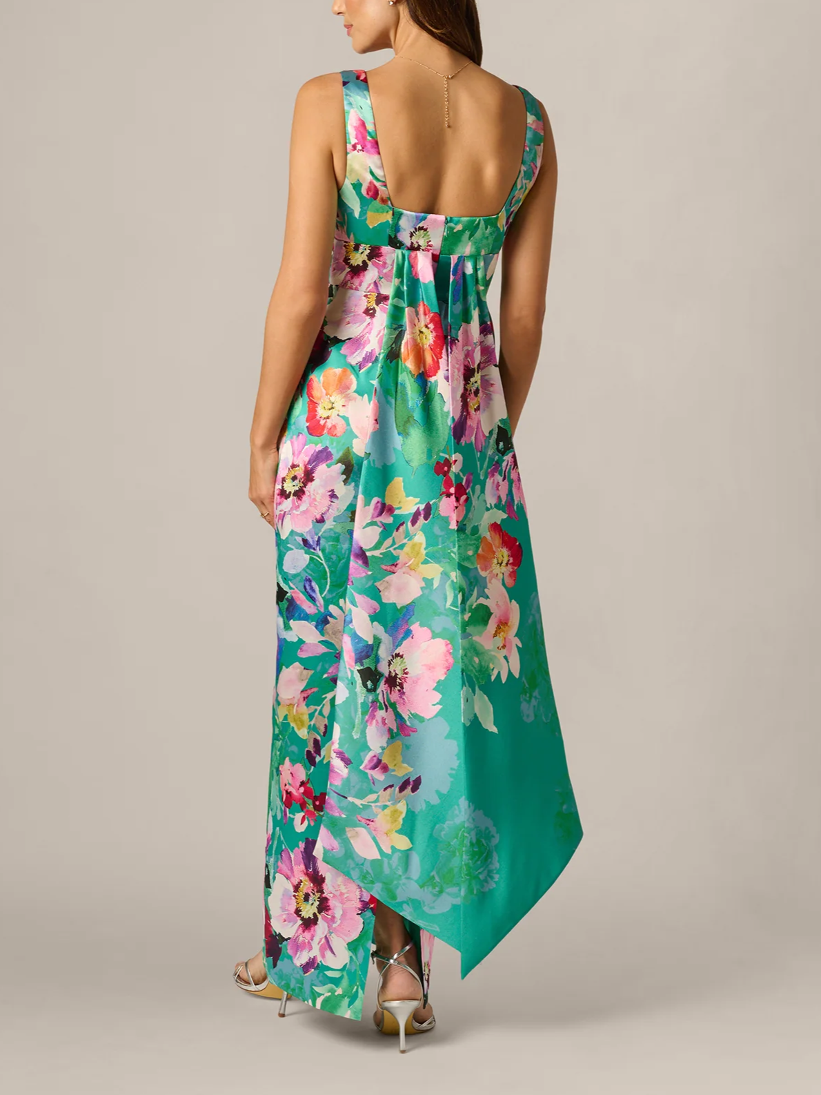 Floral Scarf Train Column Gown In Green Multi