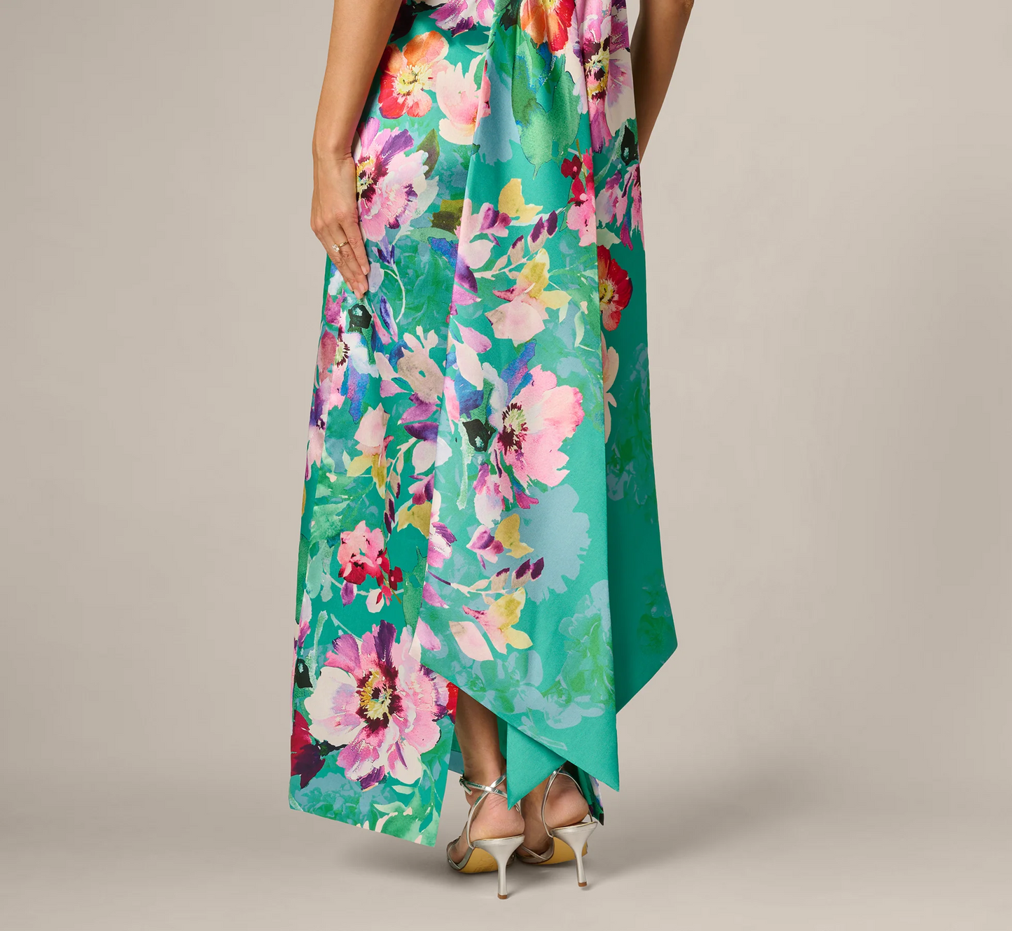 Floral Scarf Train Column Gown In Green Multi