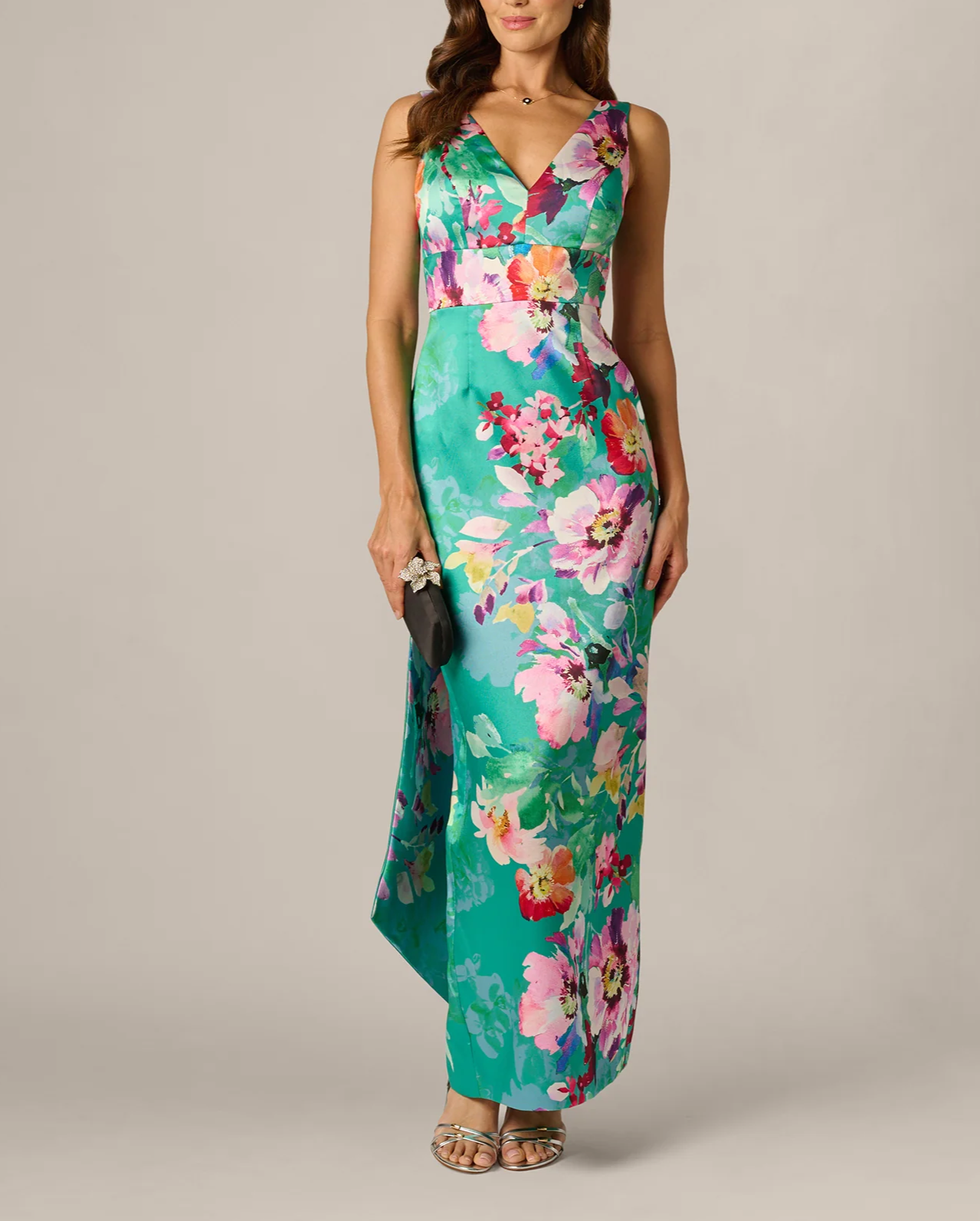 Floral Scarf Train Column Gown In Green Multi