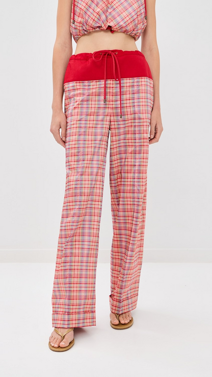 Colorful lace-up top + plaid pants
