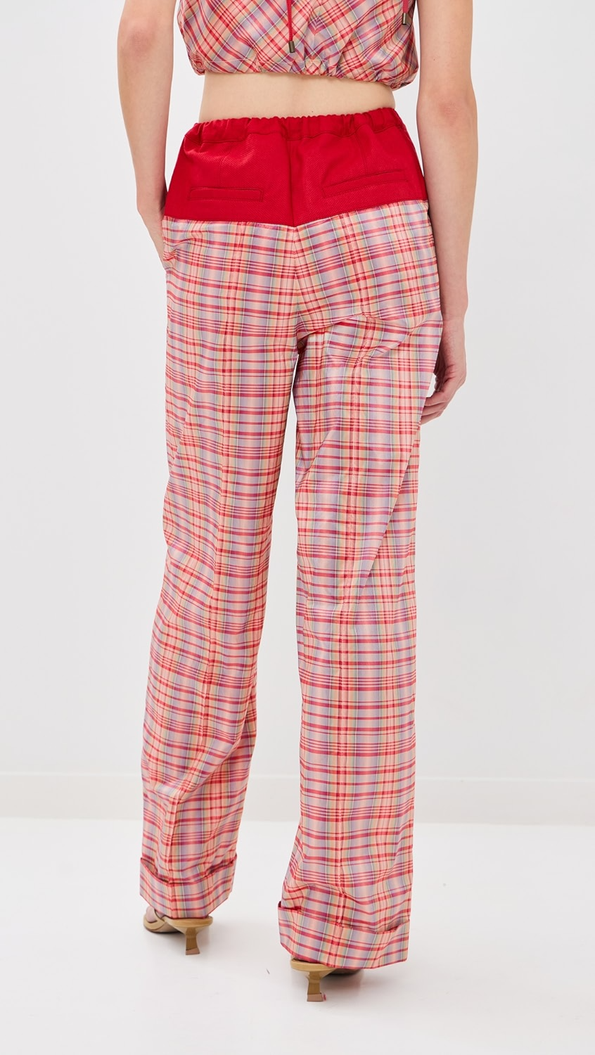 Colorful lace-up top + plaid pants
