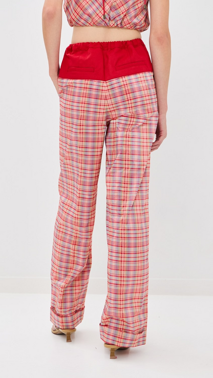 Colorful lace-up top + plaid pants