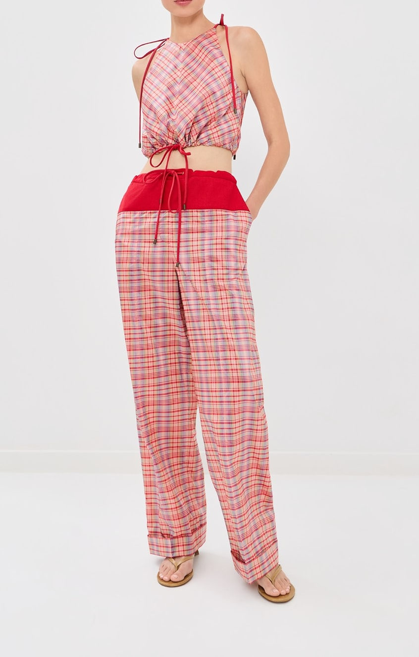 Colorful lace-up top + plaid pants