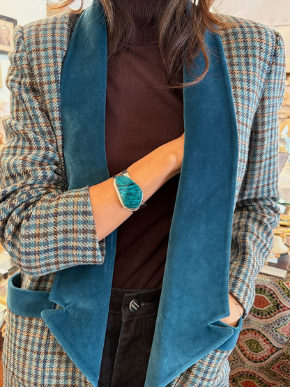Color-blocked plaid woolen long coat