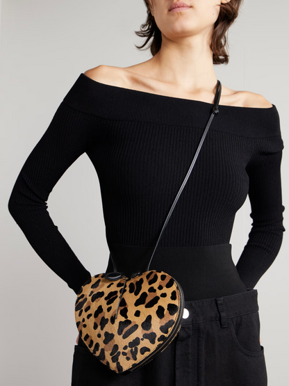 Leopard-print leather-trimmed calf hair shoulder bag