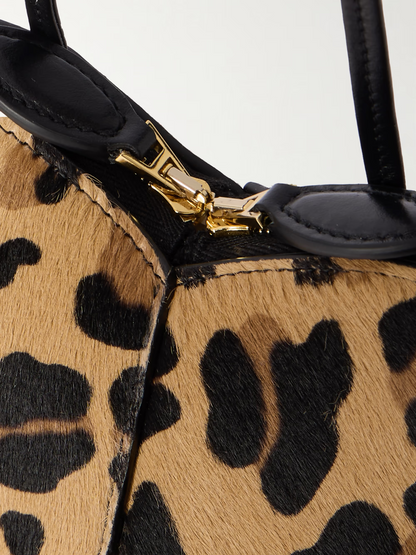 Leopard-print leather-trimmed calf hair shoulder bag