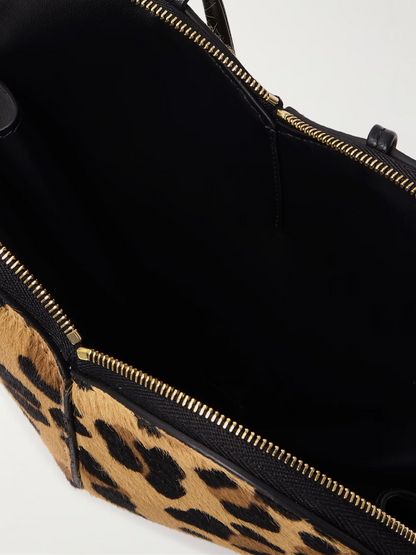 Leopard-print leather-trimmed calf hair shoulder bag