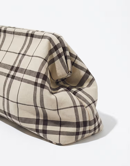 oversized clutch purse in cream plaid