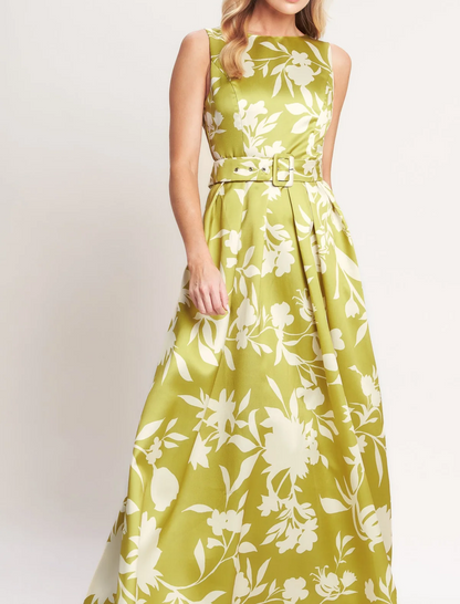 Sleeveless printed dress with belt