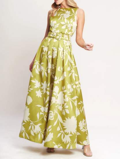 Sleeveless printed dress with belt