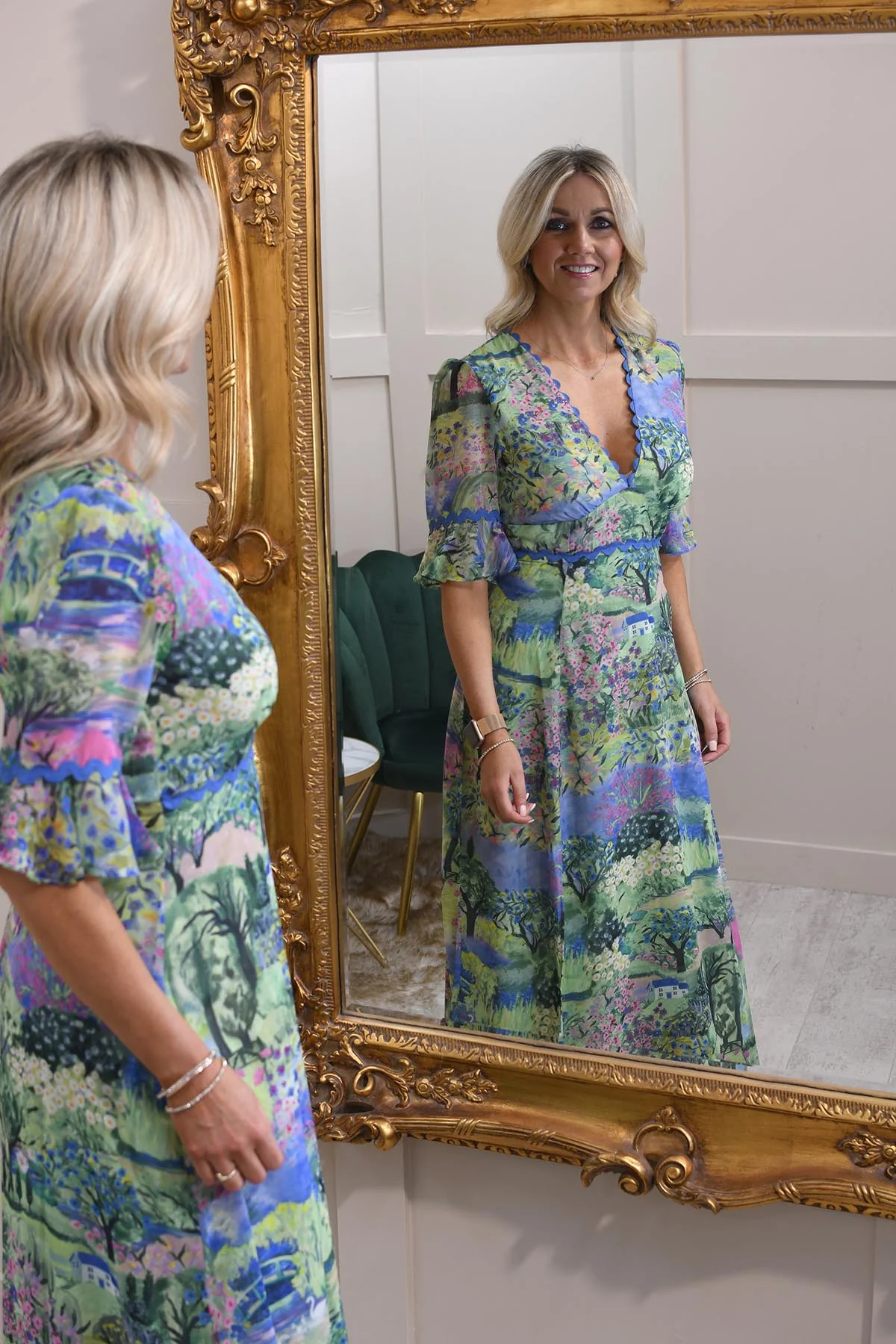 Frill Sleeve Open Back Maxi Dress with Lace Trim