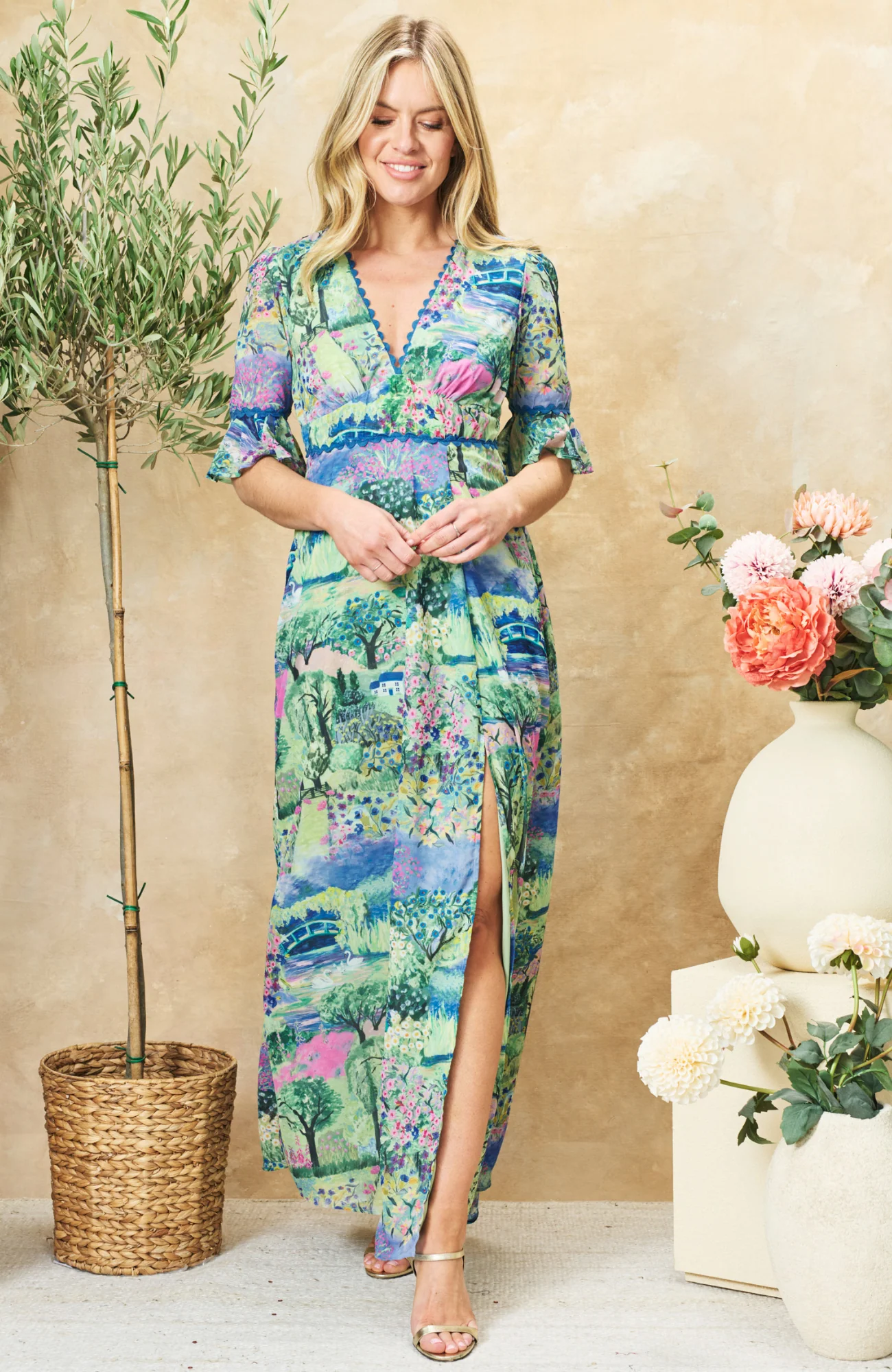 Frill Sleeve Open Back Maxi Dress with Lace Trim