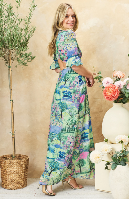 Frill Sleeve Open Back Maxi Dress with Lace Trim