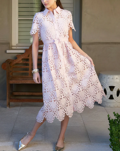 Belted Short Sleeve Lace Midi Dress