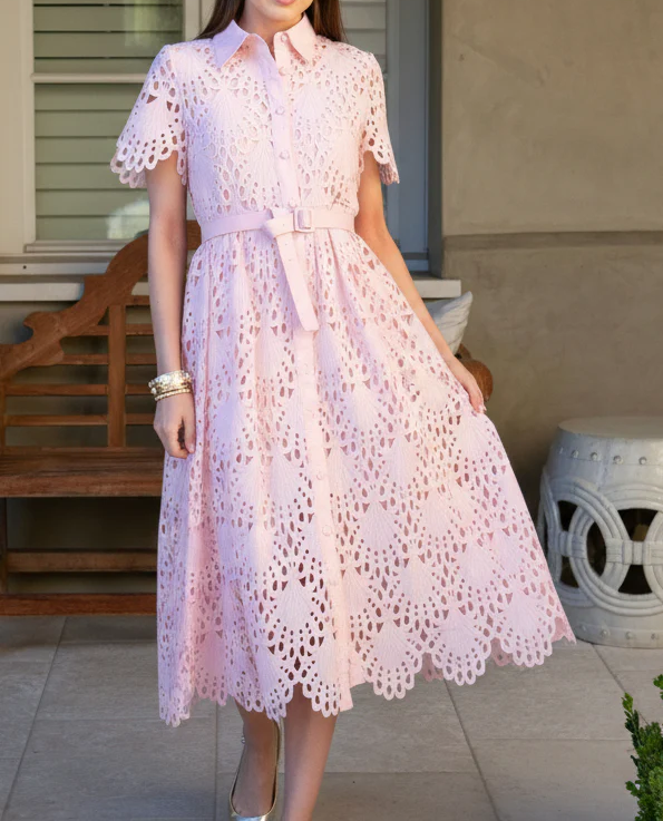 Belted Short Sleeve Lace Midi Dress