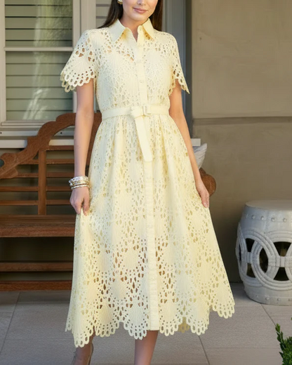 Belted Short Sleeve Lace Midi Dress