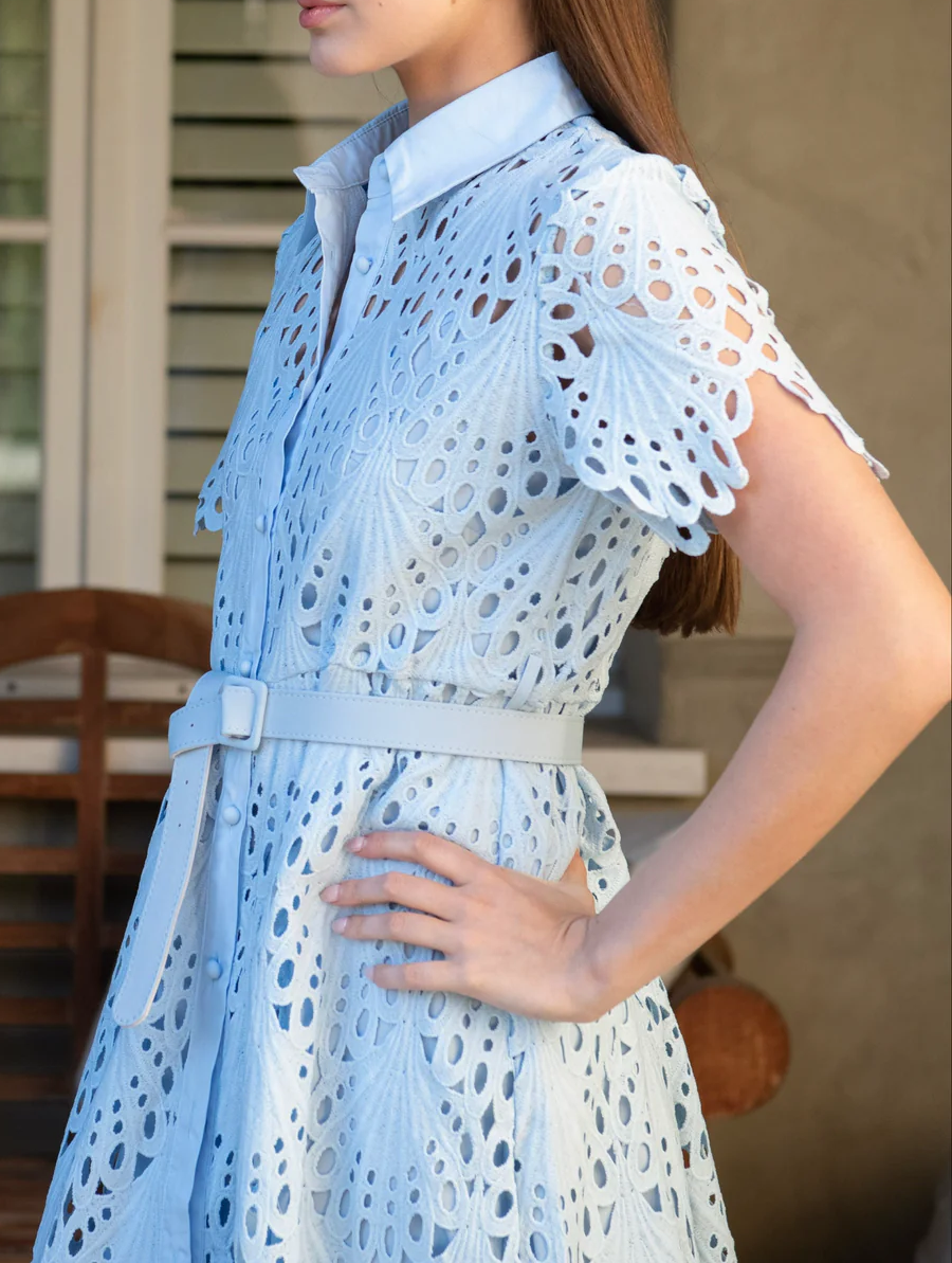 Belted Short Sleeve Lace Midi Dress