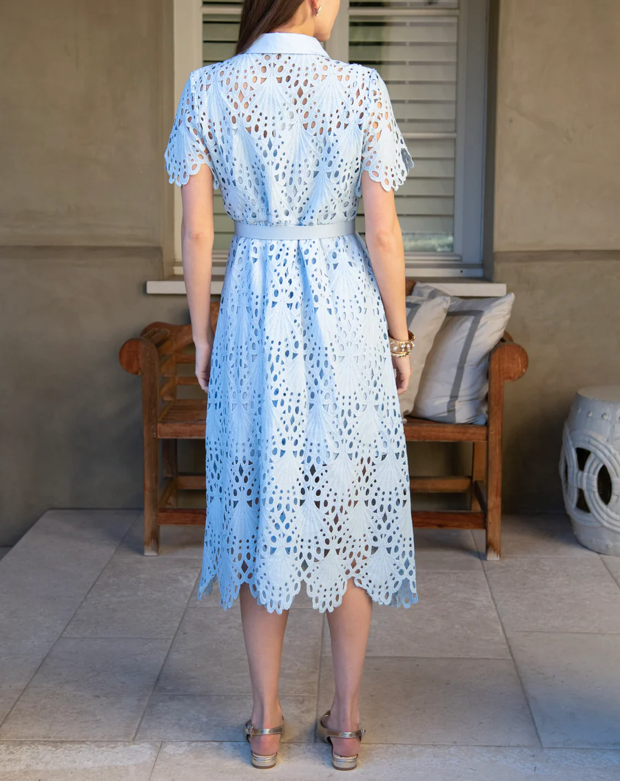 Belted Short Sleeve Lace Midi Dress