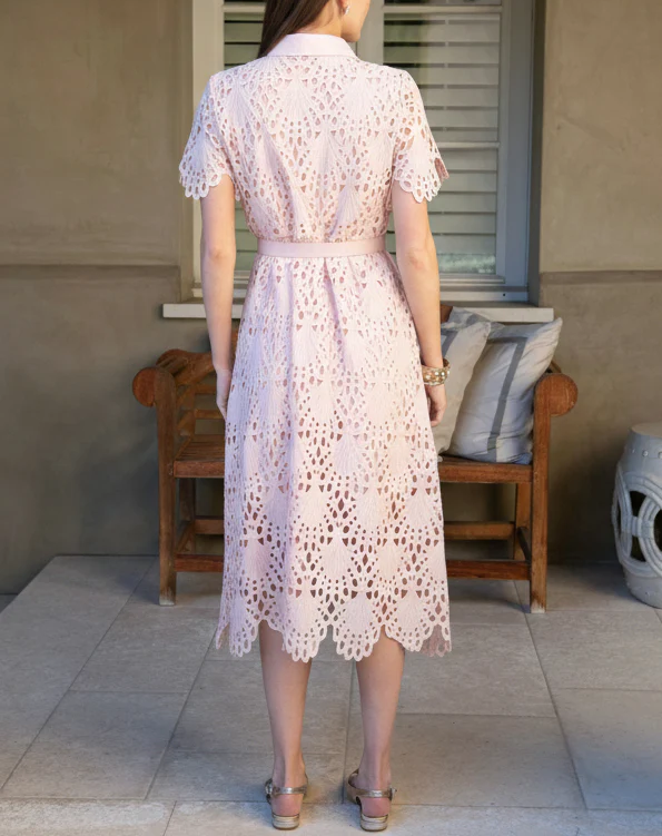 Belted Short Sleeve Lace Midi Dress