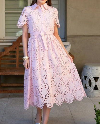 Belted Short Sleeve Lace Midi Dress