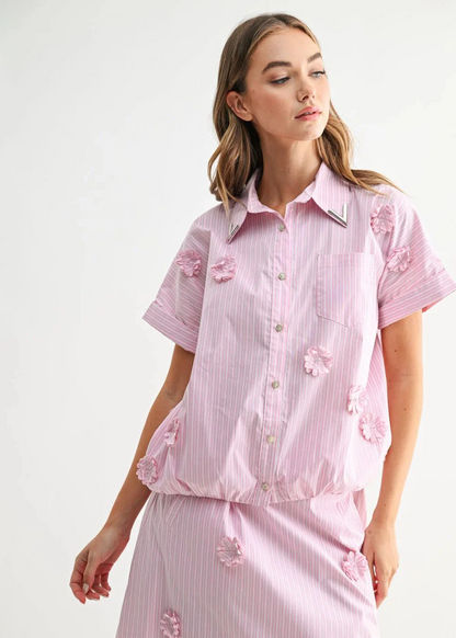 3D Floral Stripe Shirt Set