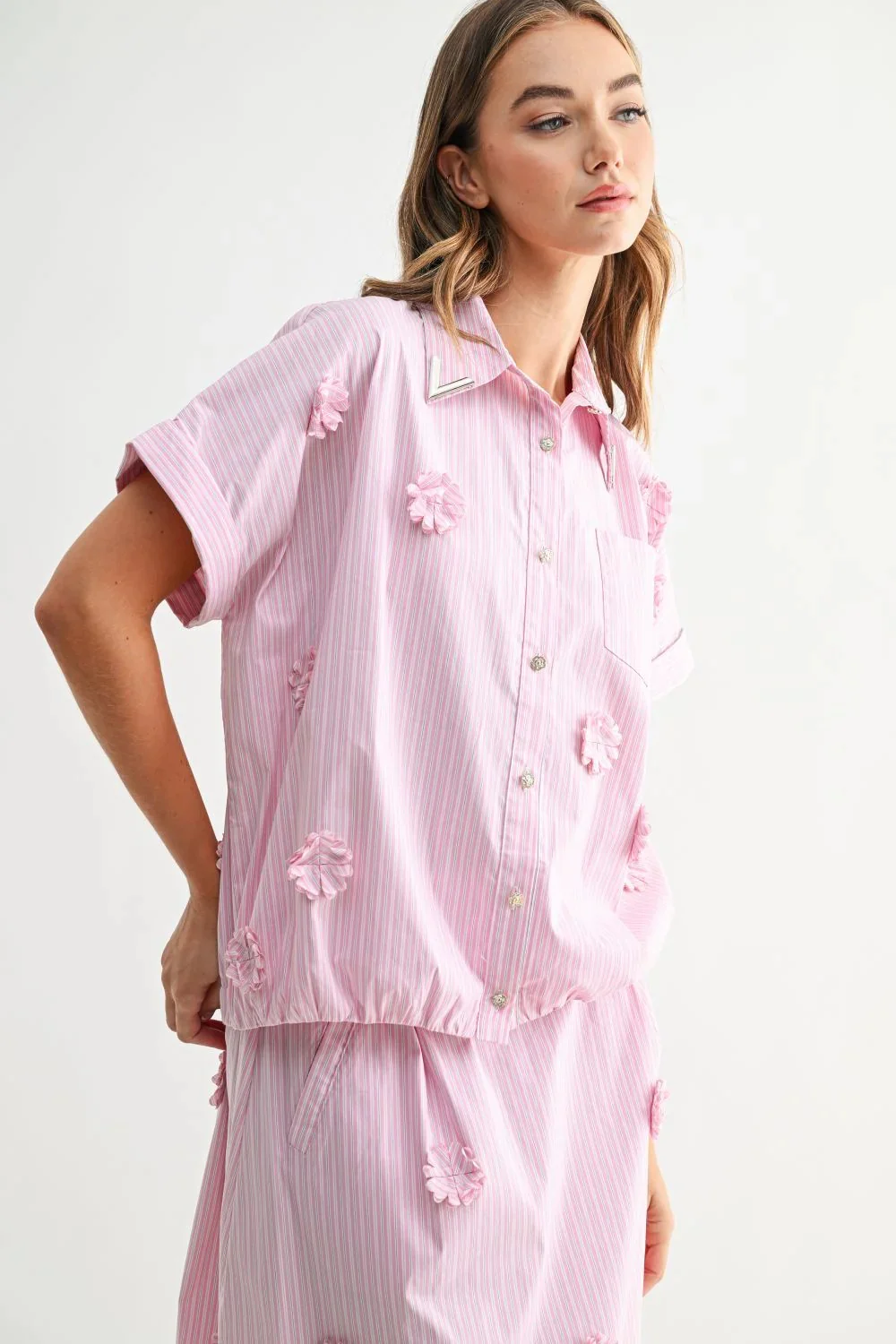 3D Floral Stripe Shirt Set
