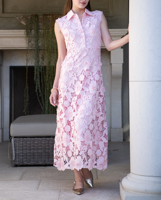 Collared Floral Lace Maxi Dress - Light Pink