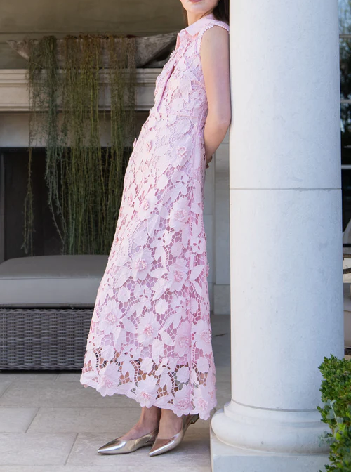 Collared Floral Lace Maxi Dress - Light Pink