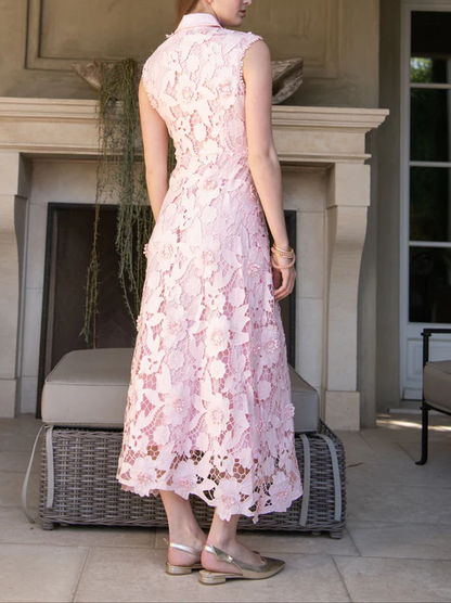 Collared Floral Lace Maxi Dress - Light Pink