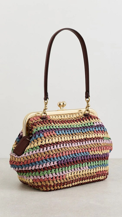 Rainbow Large Weave Straw Kisslock Frame Bag