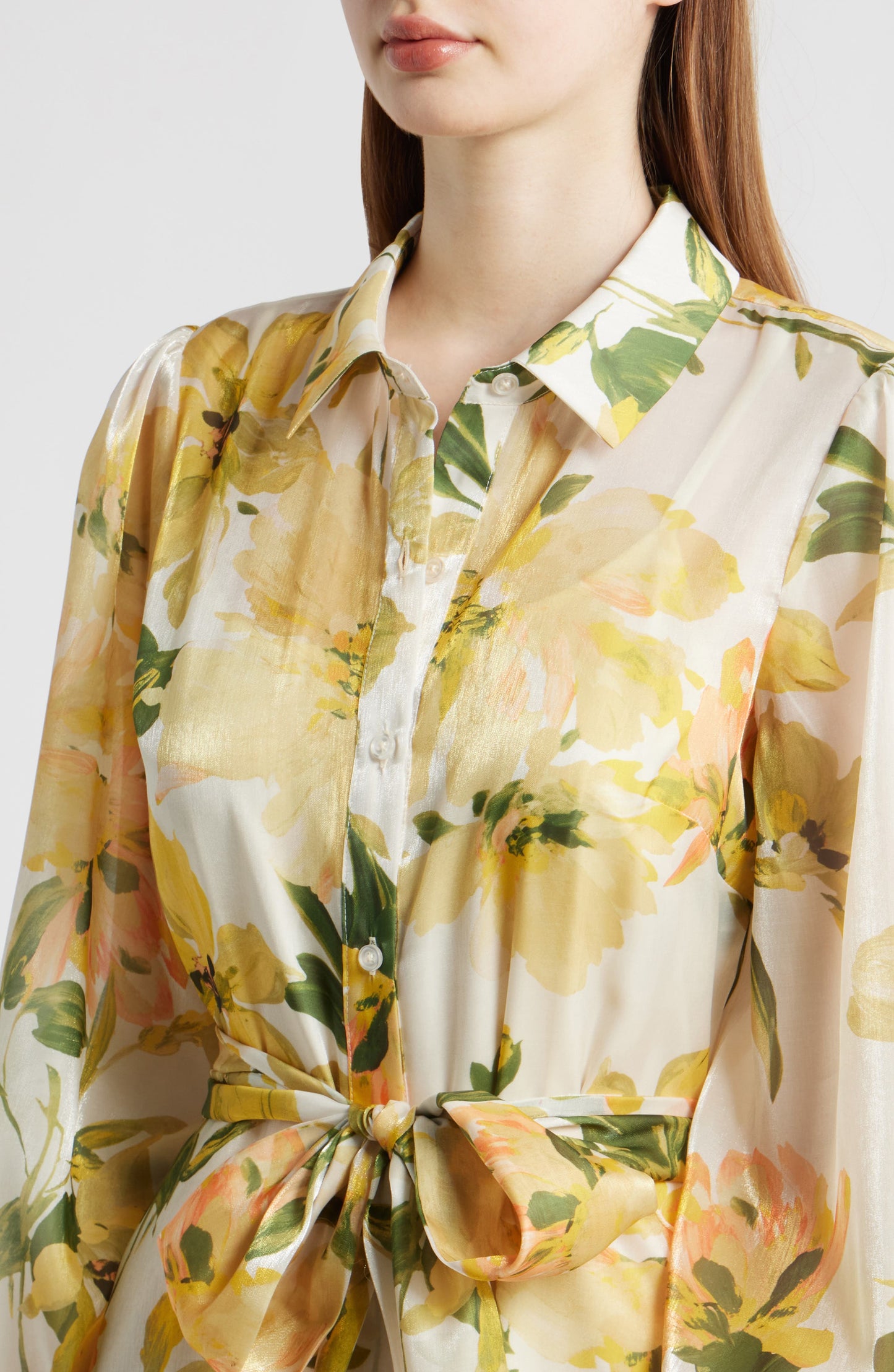 Floral Long-Sleeve Tie-Belt Shirtdress