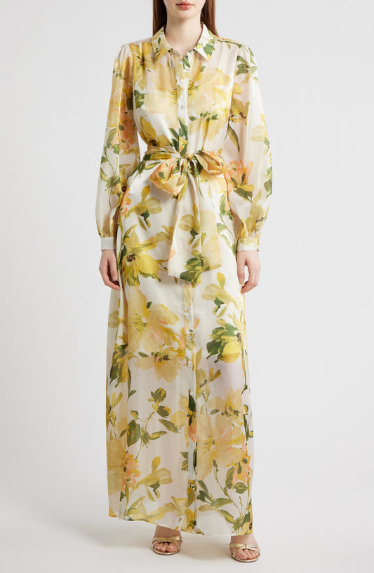 Floral Long-Sleeve Tie-Belt Shirtdress