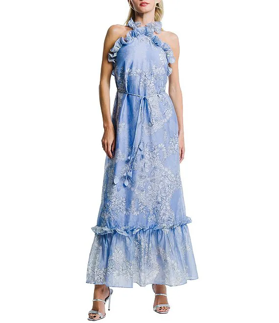 Printed Voile Ruffle Halter Neck Sleeveless Dress