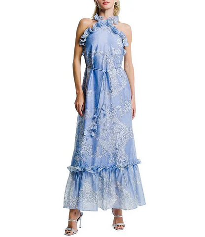 Printed Voile Ruffle Halter Neck Sleeveless Dress
