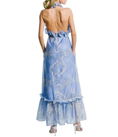 Printed Voile Ruffle Halter Neck Sleeveless Dress