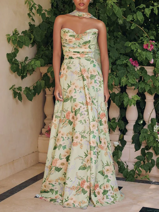 STRAPLESS A-LINE SAGE FLORAL CHIFFON GOWN WITH SCARF