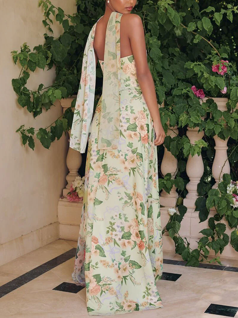 STRAPLESS A-LINE SAGE FLORAL CHIFFON GOWN WITH SCARF