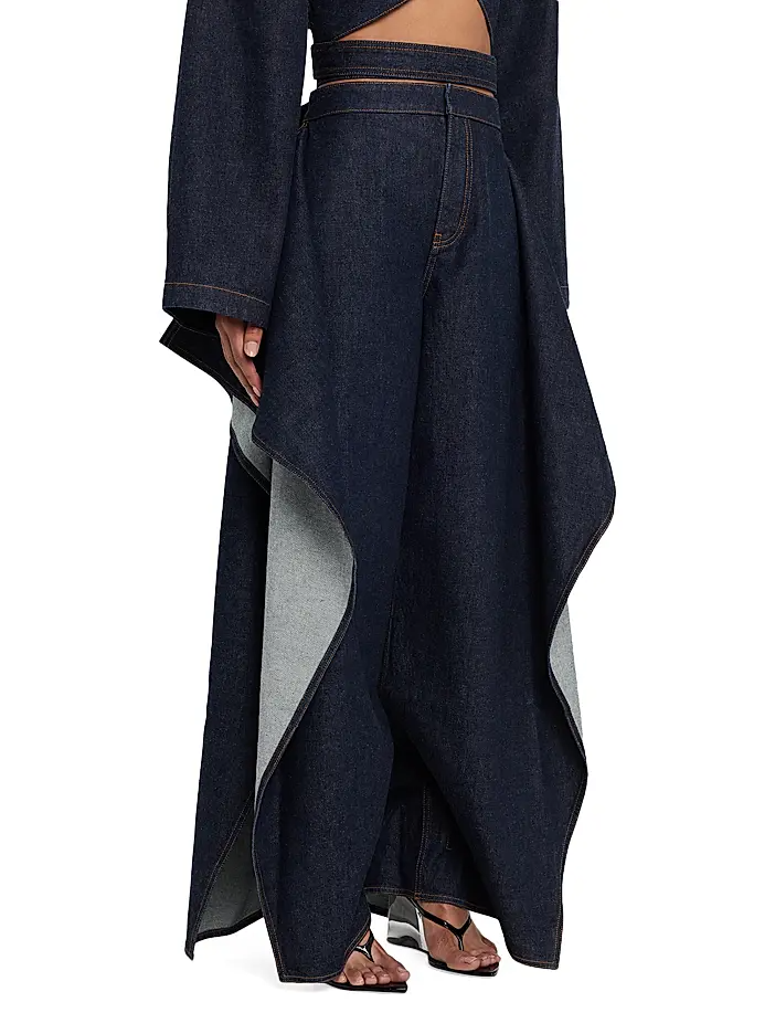 Long-Sleeve Denim Crop Wrap Top+Flap Ruffled Wide-Leg Jeans