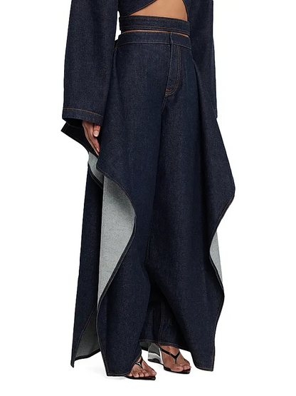 Long-Sleeve Denim Crop Wrap Top+Flap Ruffled Wide-Leg Jeans