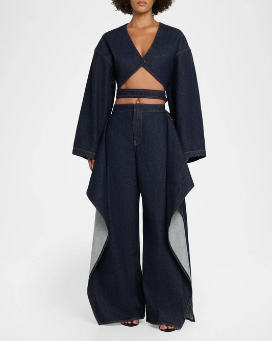 Long-Sleeve Denim Crop Wrap Top+Flap Ruffled Wide-Leg Jeans